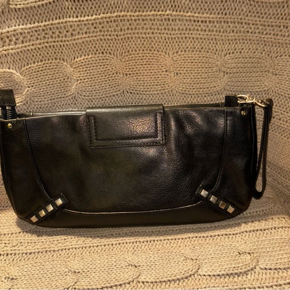 Sondra Roberts Black Genuine Leather Large Clutch with Wristlet Strap